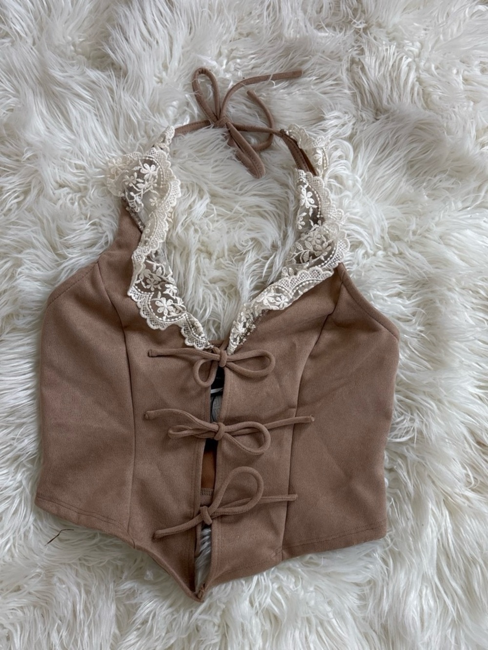 Ecote Taupe Halter Corset Bandeau with Cream Lace Trim